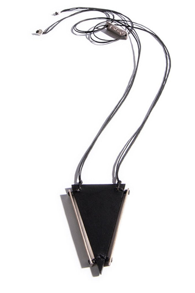 Emerging slow fashion accessory brand Aumorfia black leather BAR II TRNGL SM Pendant with sterling Silver - Erebus - 1