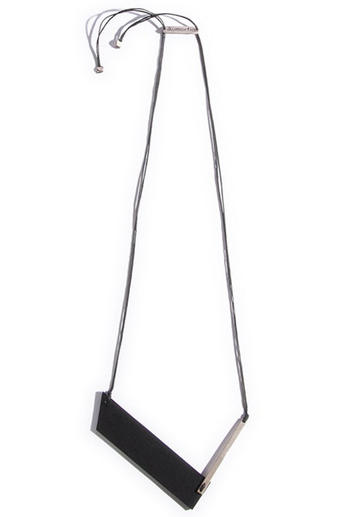 Emerging slow fashion accessory brand Aumorfia black leather BAR N Pendant with sterling Silver - Erebus - 1