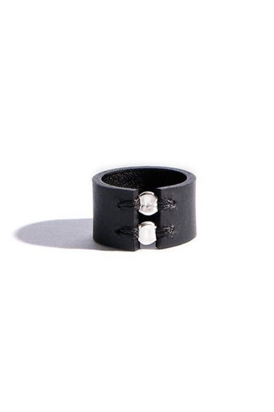 Shop emerging slow fashion accessory brand Aumorfia black leather SPHERES II Ring with sterling Silver - Erebus - 2