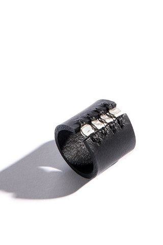 Shop emerging slow fashion accessory brand Aumorfia black leather SPHERES IV Ring with sterling Silver - Erebus - 1