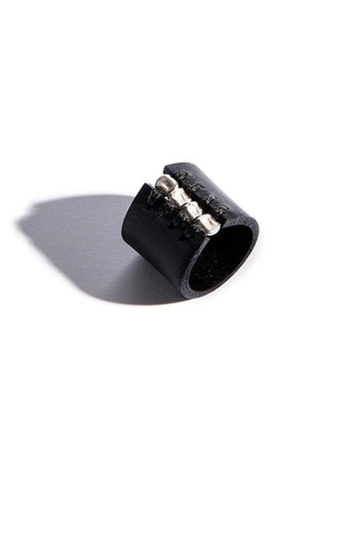 Shop emerging slow fashion accessory brand Aumorfia black leather SPHERES IV Ring with sterling Silver - Erebus - 2