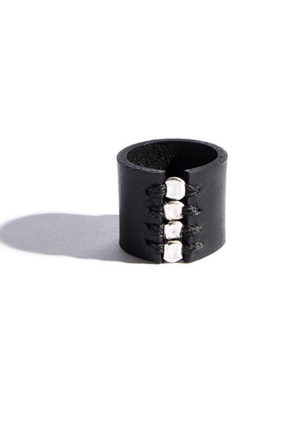 Shop emerging slow fashion accessory brand Aumorfia black leather SPHERES IV Ring with sterling Silver - Erebus - 3