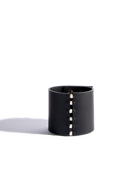 Shop emerging slow fashion accessory brand Aumorfia black leather SPHERES L Cuff with sterling Silver - Erebus - 1