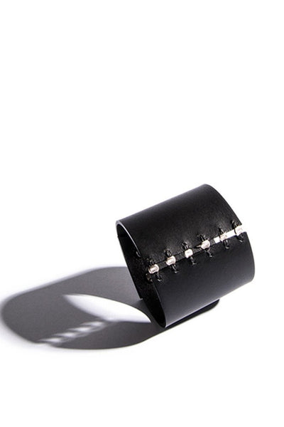 Shop emerging slow fashion accessory brand Aumorfia black leather SPHERES L Cuff with sterling Silver - Erebus - 2