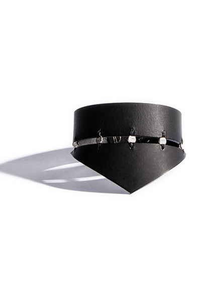 Shop emerging slow fashion accessory brand Aumorfia black leather SPHERES TRNGL Cuff with sterling Silver - Erebus - 2