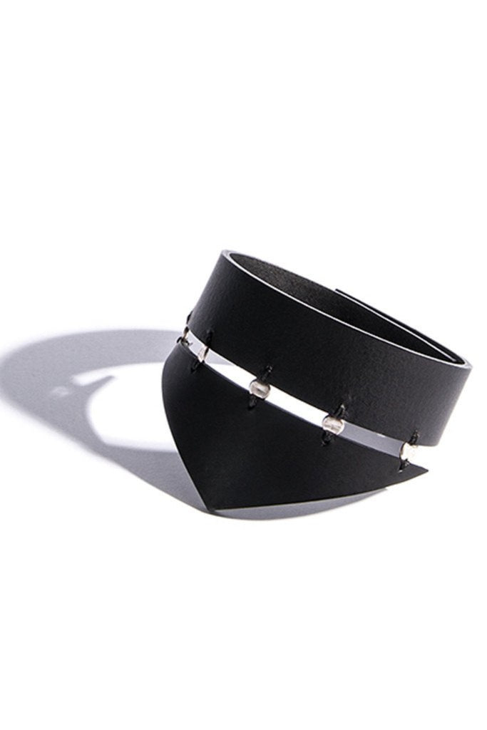 Shop emerging slow fashion accessory brand Aumorfia black leather SPHERES TRNGL Cuff with sterling Silver - Erebus - 1