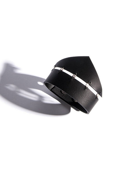 Shop emerging slow fashion accessory brand Aumorfia black leather SPHERES TRNGL Cuff with sterling Silver - Erebus - 3