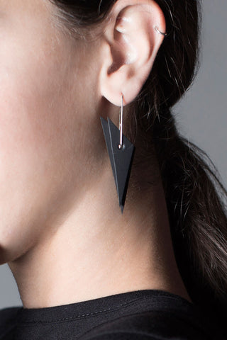 Shop emerging slow fashion accessory brand Aumorfia black leather TRNGL earrings - Erebus