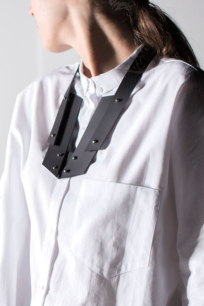 Shop emerging slow fashion accessory brand Aumorfia black leather VF necklace - Erebus