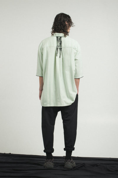 Shop Conscious Contemporary Menswear Brand Zsigmond Kudus SS23 Collection Mint White Organic Cotton Bezi Short Sleeve Shirt at Erebus