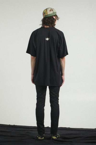 Shop Conscious Contemporary Menswear Brand Zsigmond Kudus SS23 Collection Black Stretch Organic Cotton Jersey Loose Fit Coal T-Shirt at Erebus