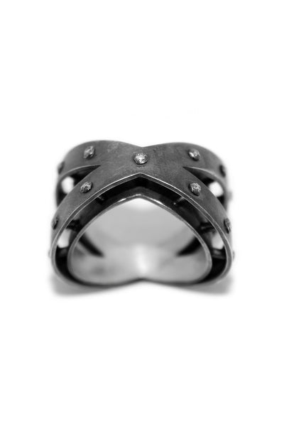 Shop Emerging Slow Fashion Avant-garde Unisex Jewellery Brand David Gaboriau Oxidised Silver X Ring at Erebus