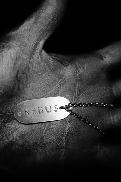 Shop Emerging Slow Fashion Avant-garde Jewellery Designer David Gaboriau X Erebus Collaboration Oxidised Silver Erebus Logo Necklace at Erebus