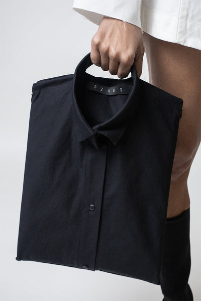 Shop Emerging Conceptual Dark Fashion Womenswear Brand DZHUS MISCONCEPT Collection Black Transformable Normcore Shirt / Bag at Erebus