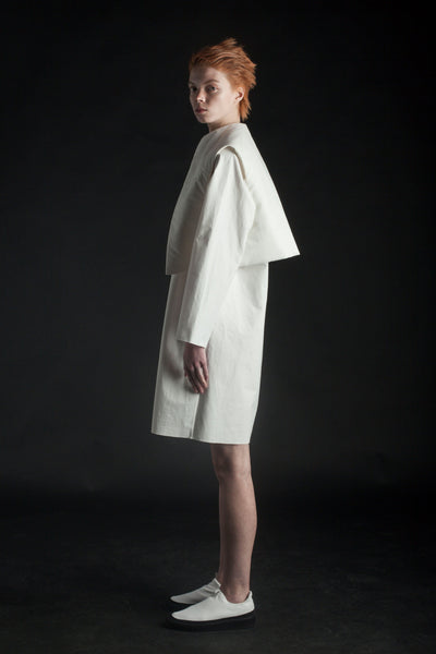 Shop Emerging Conceptual Dark Fashion Womenswear Brand DZHUS MISCONCEPT Collection Ivory Transformable Corporate Shirt Dress at Erebus