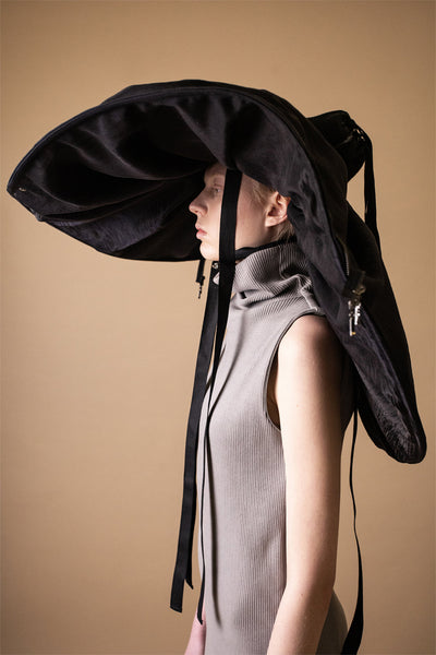 Shop Emerging Conceptual Dark Fashion Womenswear Brand DZHUS Surrogate AW21 Collection Black Replica Transformable Hat / Bag / Skirt / Jacket at Erebus