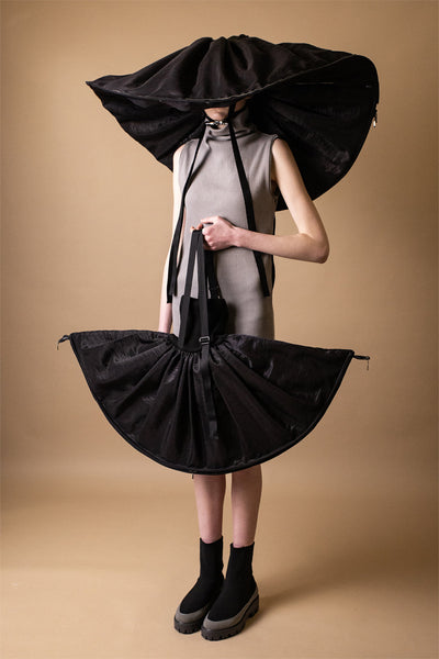 Shop Emerging Conceptual Dark Fashion Womenswear Brand DZHUS Surrogate AW21 Collection Black Replica Transformable Hat / Bag / Skirt / Jacket at Erebus