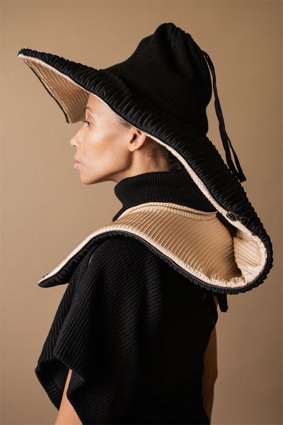 Shop Emerging Conceptual Dark Fashion Womenswear Brand DZHUS Surrogate AW21 Collection Beige and Black Stratification Transformable Hat / Bag / Bolero / Hood / Scarf / Jacket at Erebus
