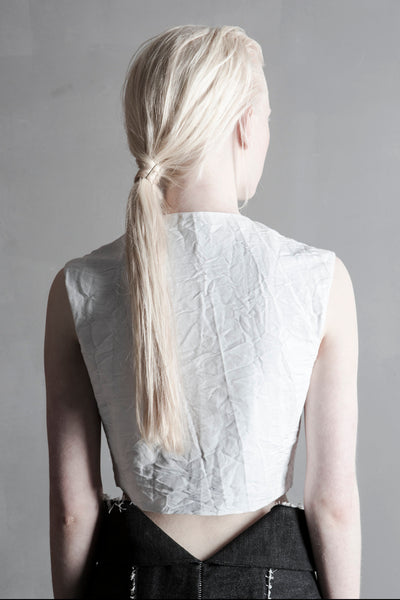 Shop Emerging Conceptual Womenswear Brand DZHUS Sculptural White Sleeveless Dispersion Shirt at Erebus