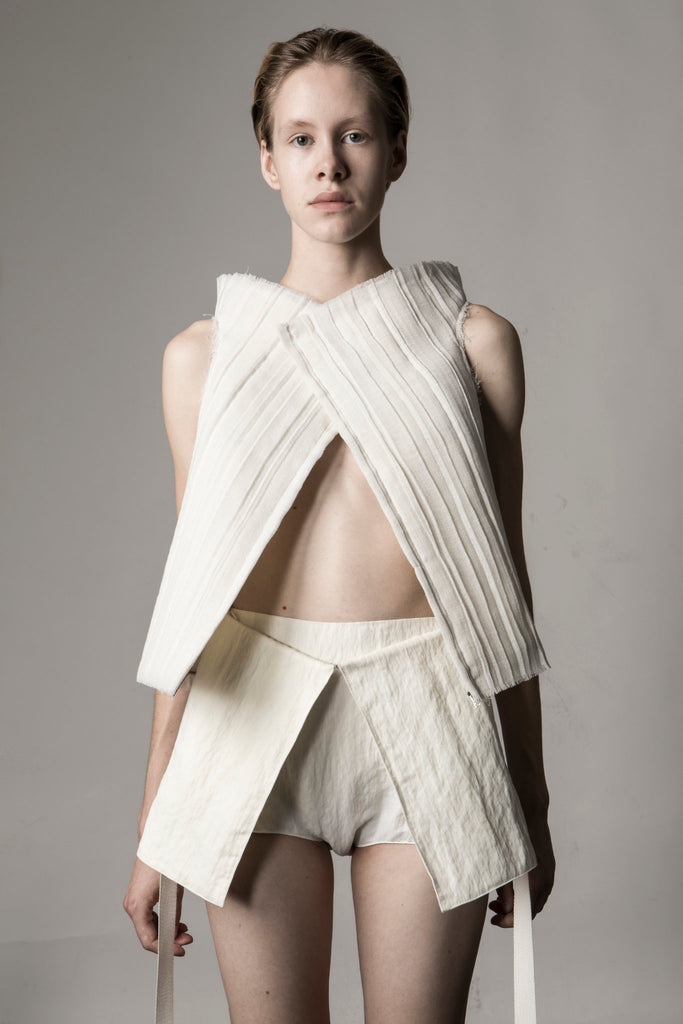 Shop Emerging Conceptual Dark Fashion Womenswear Brand DZHUS Sculptural Ivory Transformable Conversion Top / Bag at Erebus