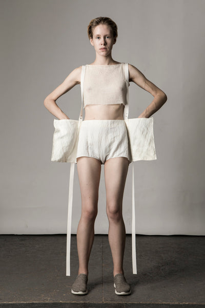 Shop Emerging Conceptual Dark Fashion Womenswear Brand DZHUS Sculptural Ivory Transformable Rearrangement Shorts at Erebus
