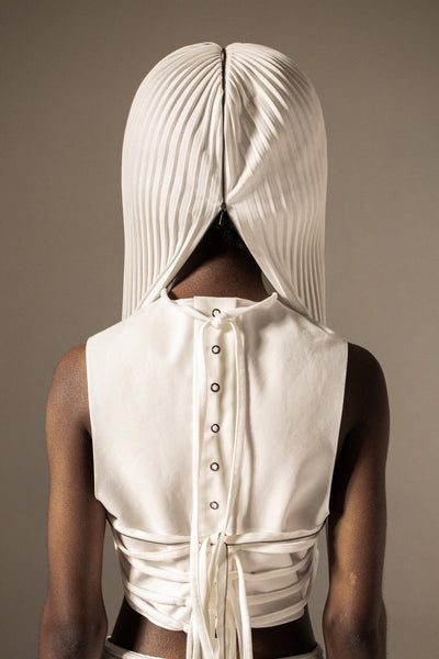Shop Emerging Conceptual Dark Fashion Womenswear Brand DZHUS Physique SS22 Collection White Expo Transformable Top / Bag / Hood at Erebus