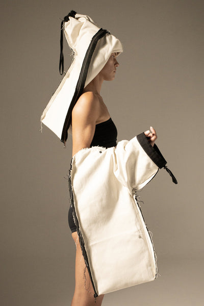 Shop Emerging Conceptual Dark Fashion Womenswear Brand DZHUS Physique SS22 Collection Black and Cream Double-Faced Transformable Dress / Top / Jumpsuit / Jacket / Hat / Bag at Erebus