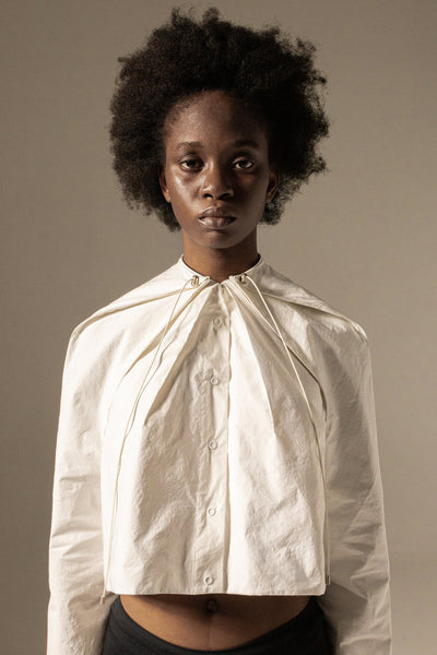 Shop Emerging Conceptual Dark Fashion Womenswear Brand DZHUS Physique SS22 Collection Ivory Standard Transformable Shirt Jacket at Erebus