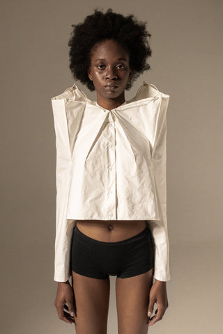 Shop Emerging Conceptual Dark Fashion Womenswear Brand DZHUS Physique SS22 Collection Ivory Standard Transformable Shirt Jacket at Erebus