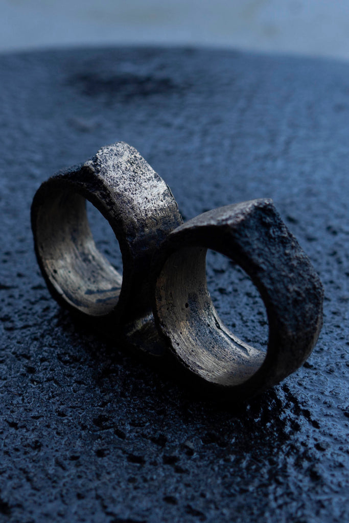 Shop Emerging Slow Fashion Avant-garde Jewellery Brand Surface Cast Blackened Bronze Double Simulation 3 Ring at Erebus