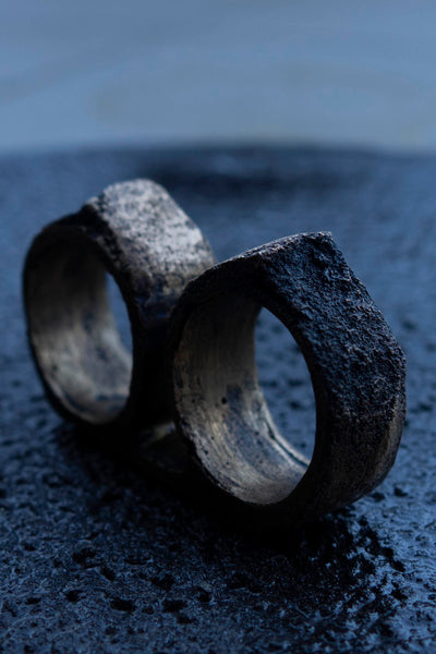 Shop Emerging Slow Fashion Avant-garde Jewellery Brand Surface Cast Blackened Bronze Double Simulation 3 Ring at Erebus