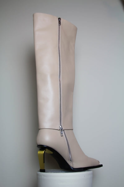 Shop Emerging Contemporary Womenswear brand Too Damn Expensive Beige Leather Limited Edition Ankle Boot Extenders at Erebus