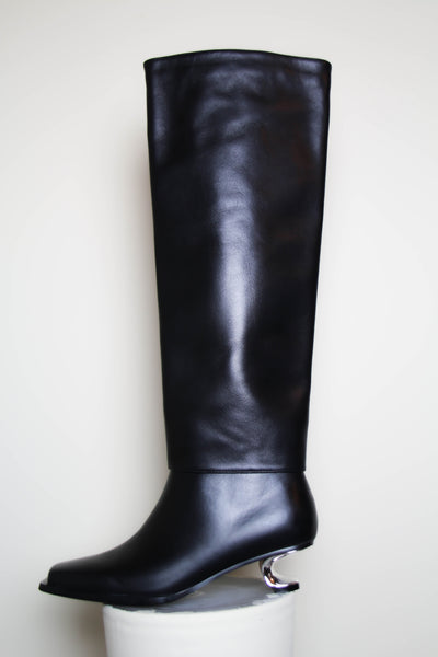 Shop Emerging Contemporary Womenswear brand Too Damn Expensive Black Leather Limited Edition Ankle Boot Extenders at Erebus