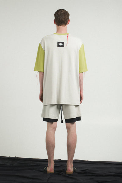 Shop Conscious Contemporary Menswear Brand Zsigmond Kudus SS23 Collection Acid Green and Bone Stretch Organic Cotton Jersey Colour Block Elek T-Shirt at Erebus