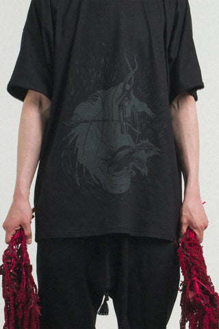 Shop Conscious Contemporary Menswear Brand Zsigmond Kudus SS23 Collection Black Stretch Organic Cotton Jersey Etu Shadow Print T-Shirt at Erebus