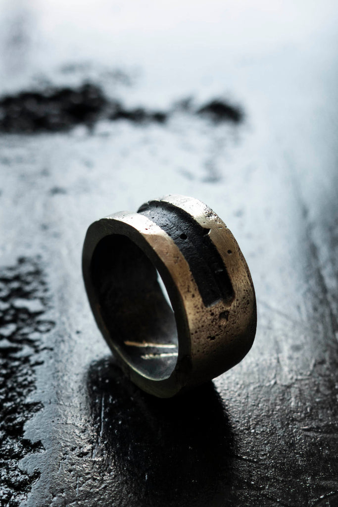 Shop Emerging Slow Fashion Avant-garde Jewellery Brand Surface Cast Blackened Bronze Efface Medium Ring at Erebus