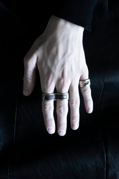 Shop Emerging Slow Fashion Avant-garde Jewellery Brand Surface Cast Blackened Bronze Hack Double Ring at Erebus