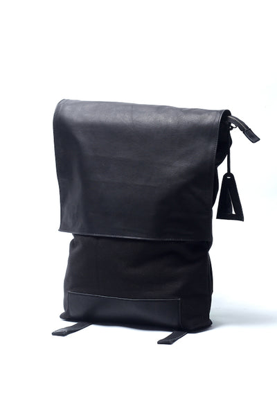 Shop emerging slow fashion handbag designer Anoir by Amal Kiran Jana black leather and black cotton canvas Minimal Backpack - Erebus