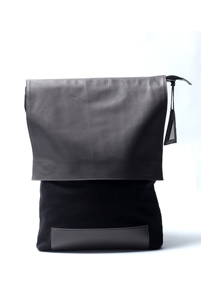Shop emerging slow fashion handbag designer Anoir by Amal Kiran Jana grey leather and black cotton canvas Minimal Backpack - Erebus