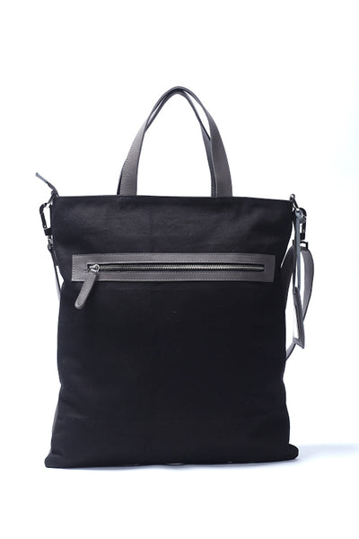 Shop emerging slow fashion handbag designer Anoir by Amal Kiran Jana grey leather and black cotton canvas Minimal Tote - Erebus
