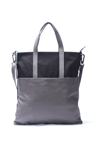 Shop emerging slow fashion handbag designer Anoir by Amal Kiran Jana grey leather and black cotton canvas Minimal Tote - Erebus