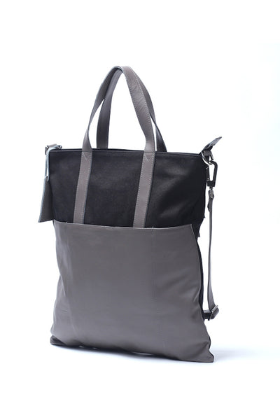 Shop emerging slow fashion handbag designer Anoir by Amal Kiran Jana grey leather and black cotton canvas Minimal Tote - Erebus