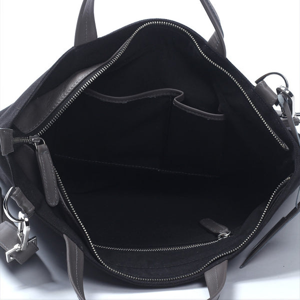 Shop emerging slow fashion handbag designer Anoir by Amal Kiran Jana grey leather and black cotton canvas Minimal Tote - Erebus - 4