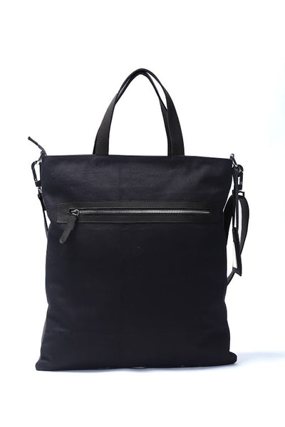 Shop emerging slow fashion handbag designer Anoir by Amal Kiran Jana black leather and black cotton canvas Minimal Tote - Erebus