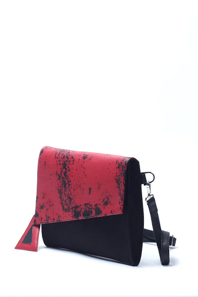Emerging slow fashion handbag designer Anoir by Amal Kiran Jana red leather and black cotton canvas Cross Body Clutch - Erebus