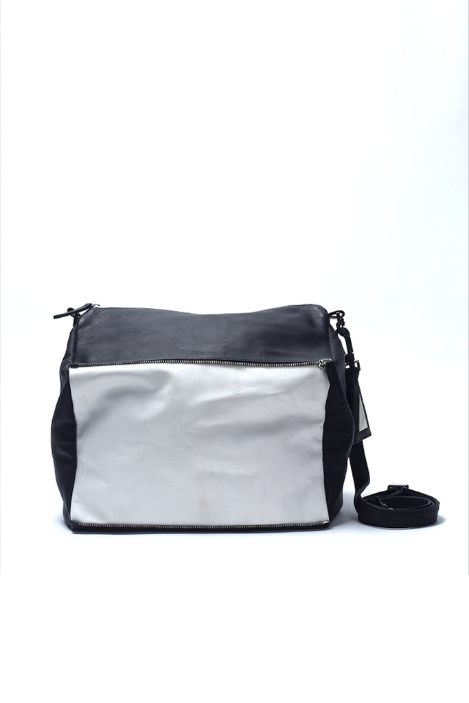 Shop emerging slow fashion handbag designer Anoir by Amal Kiran Jana black and white leather Transformable Shoulder Bag - Erebus