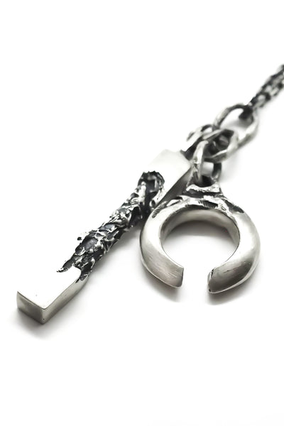 Shop Emerging Slow Fashion Avant-garde Jewellery Brand OSS Haus Constant Evolution Collection Oxidised Sterling Silver Dual Pendant Fornax Necklace at Erebus
