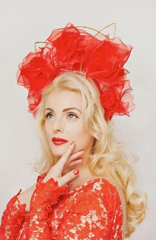 Shop emerging slow fashion milliner Valeria Agostini red Flames of Fire crown - Erebus