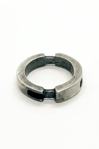 Shop Emerging Slow Fashion Avant-garde Jewellery Brand OSS Haus MSKRA Collection Silver Saber Cyclone Ring at Erebus