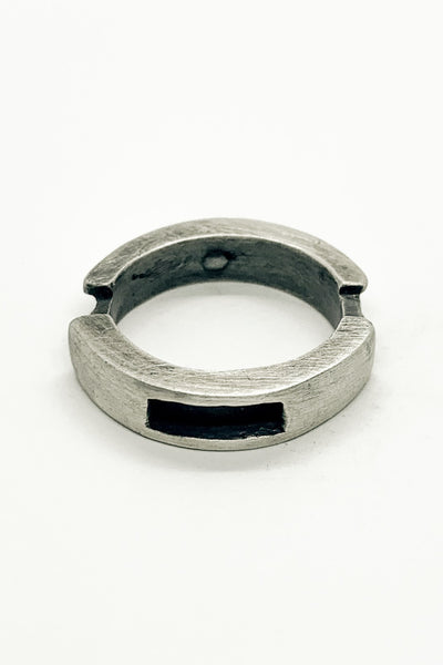 Shop Emerging Slow Fashion Avant-garde Jewellery Brand OSS Haus MSKRA Collection Silver Saber Cyclone Ring at Erebus